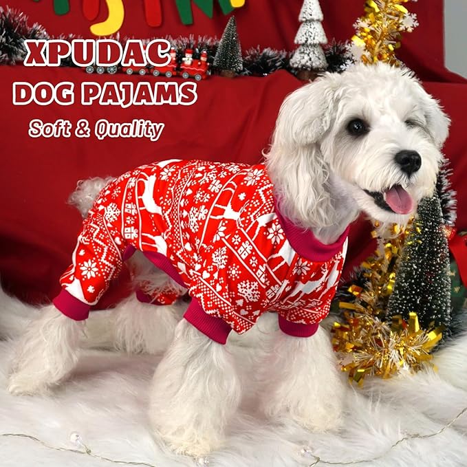 Xpudac 4 Pack Christmas Dog Pajamas Santa Pet Clothes Cute Reindeer Snowman Dog Pajamas for Small Medium Dogs(X-Small) 81-hongbai-XS