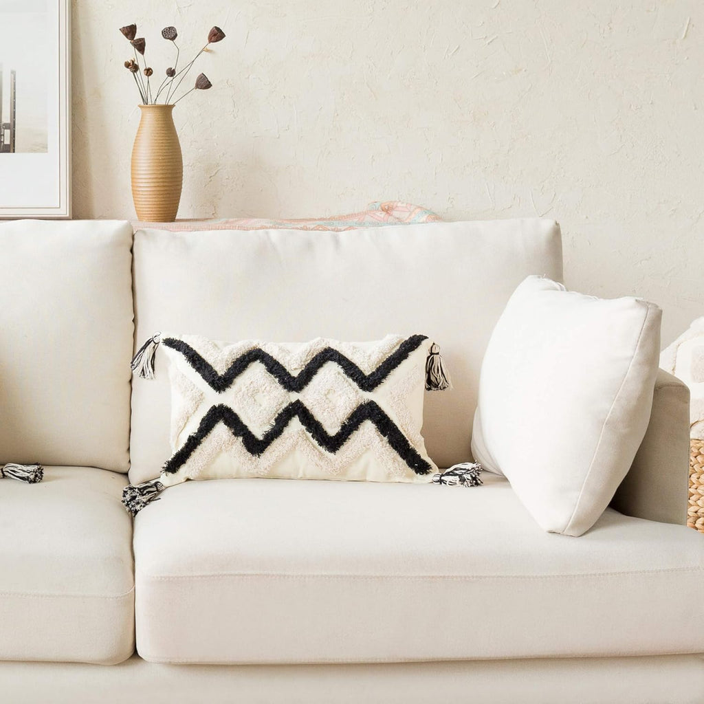 Woven Tufted Boho Lumbar Throw Pillow Cover, Modern Decorative Geometric Chevron Cushion with Tassels, Farmhouse Tribal Pillowcase for Couch Sofa Bedroom Living Room, 12 x 20 Inches, Black, Ivory