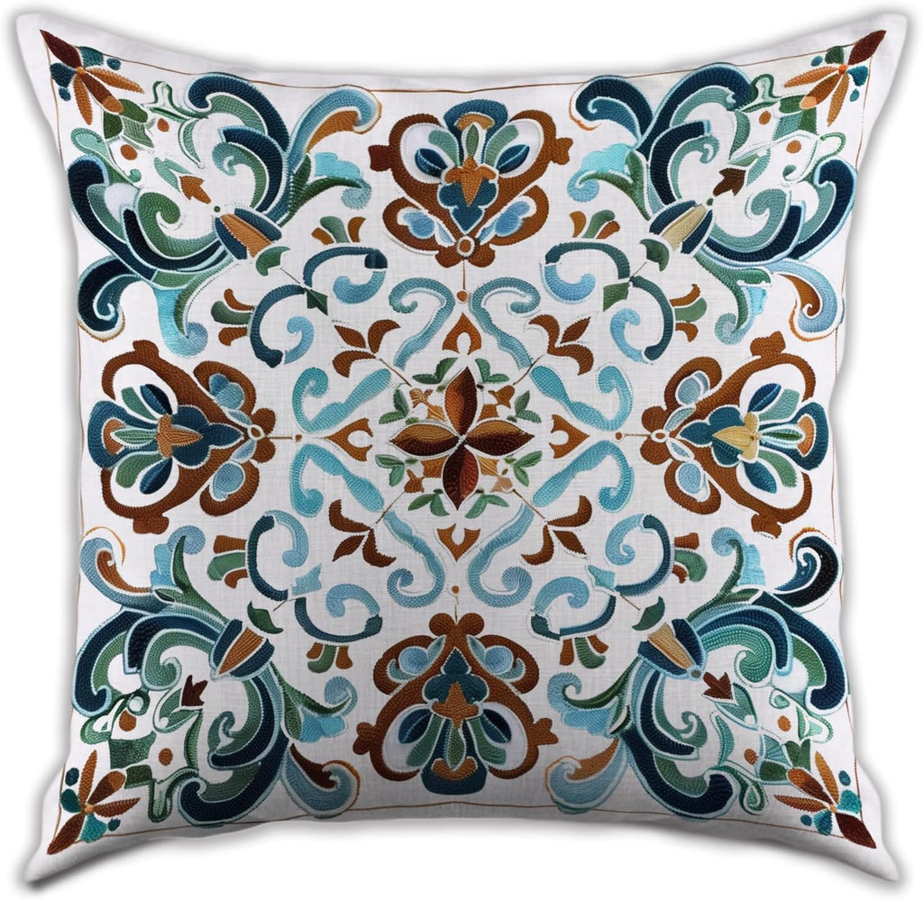 Vintage Boho Floral Print Throw Pillow Cover, Orange, Blue - Retro Rust Floral Decor Pillowcase, Indoor Outdoor Cushion Case for Sofa Couch Bed Living Room Bedroom Home (White&Blue, 18x18inch)