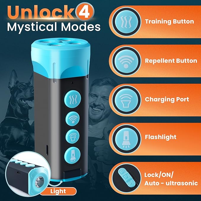 Upgraded Ultrasonic Dog Bark Deterrent, 4+1 Head with Sound Alarm Manual Frequency Adjustable No Shock Humane Training Device for Small/Medium/Large Dogs