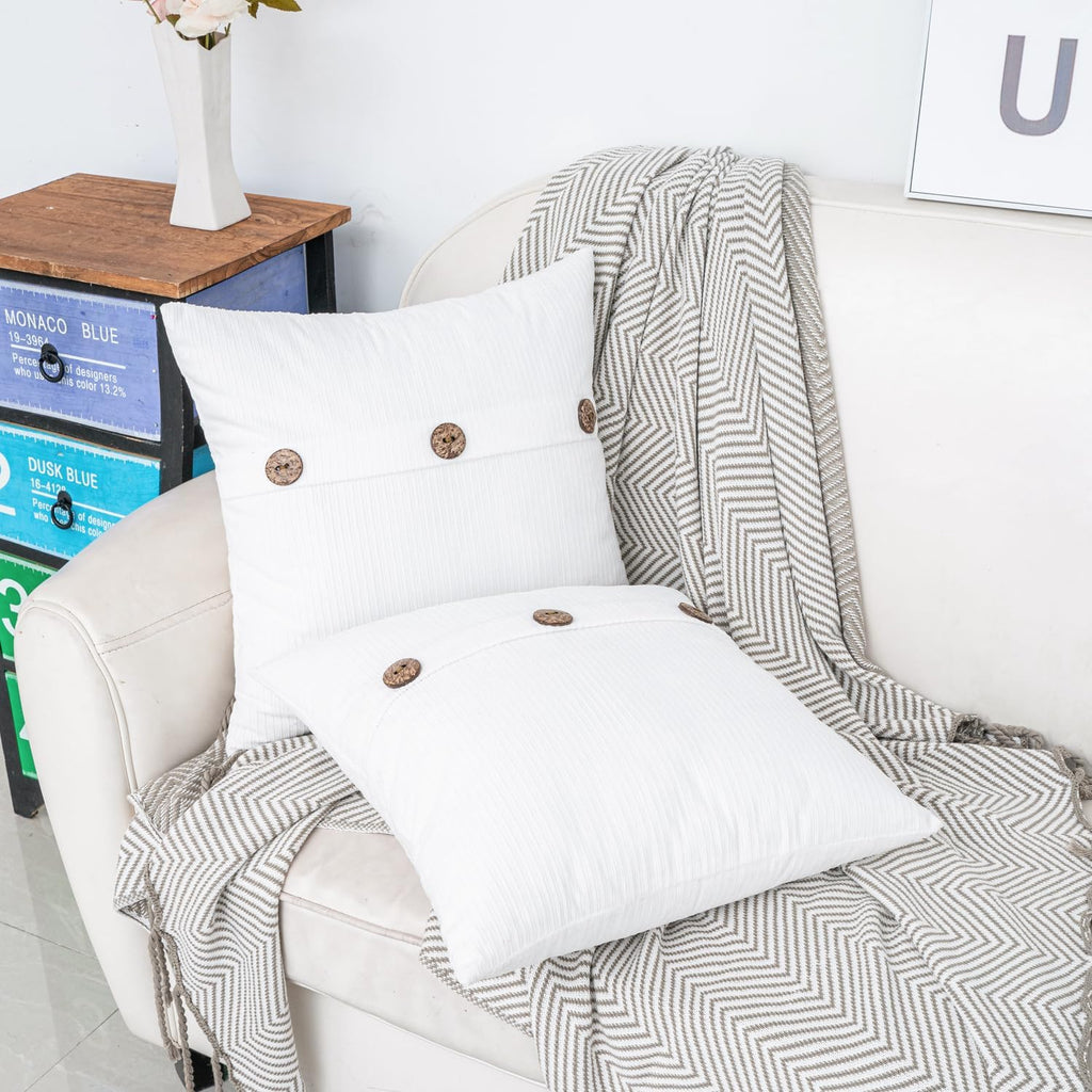 HWY 50 White Chenille Throw Pillow Covers 18x18 Inch with Triple Buttons, Soft Farmhouse Accent Decorative Cushion Cases for Couch Sofa Bed Living Room Bedroom Pack of 2