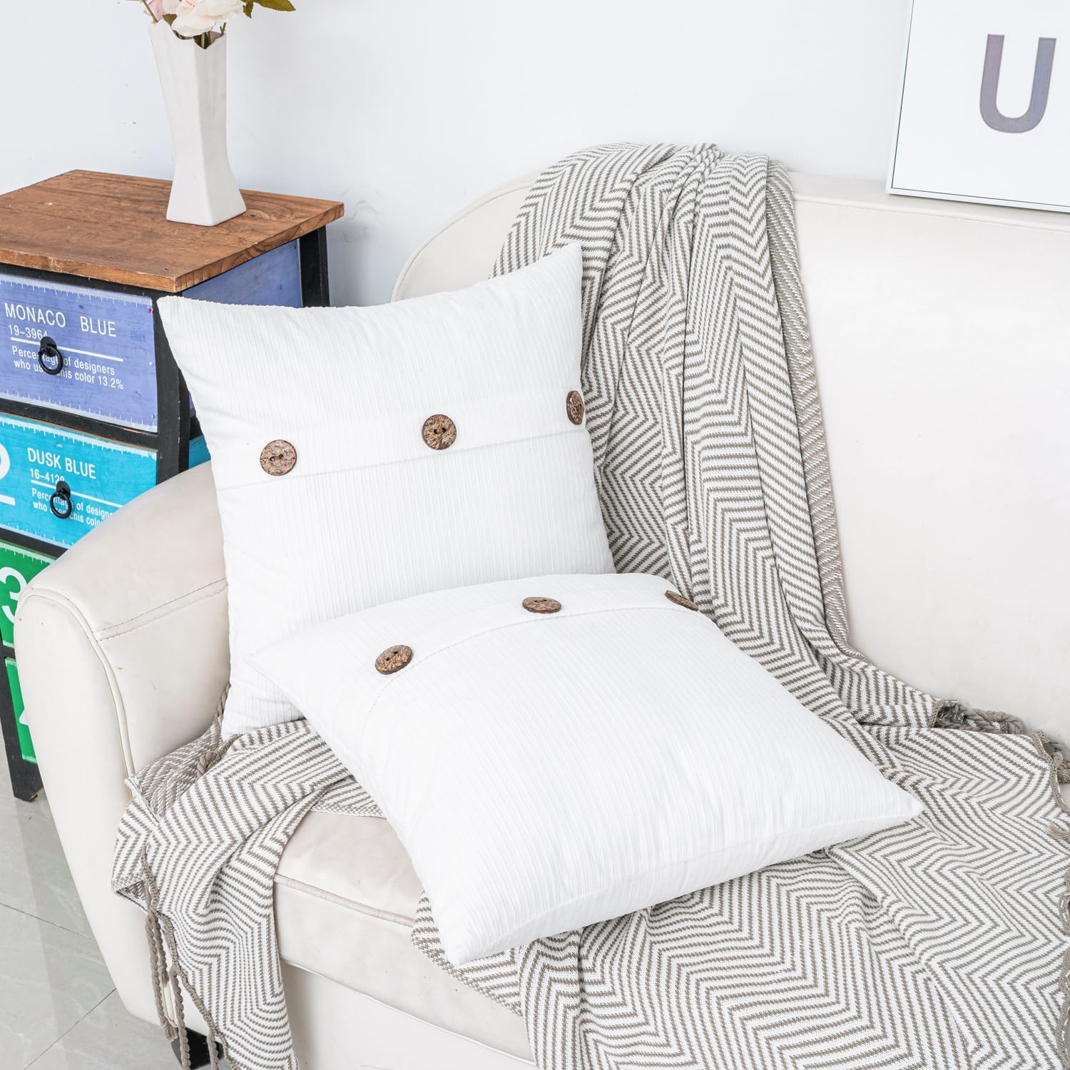 HWY 50 White Chenille Throw Pillow Covers 20x20 Inch with Triple Buttons, Soft Farmhouse Accent Decorative Cushion Cases for Couch Sofa Bed Living Room Pack of 2