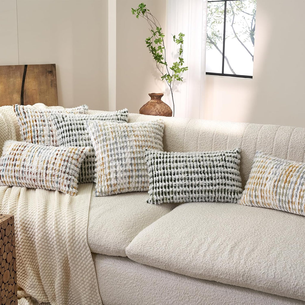 Aeckself Boho Chenille Tufted Pillow Cover 12 x 20 Inch, Rectangle Decorative Lumbar Throw Pillow Cover Neutral Pillowcase for Couch Bedroom Living Room, Green White