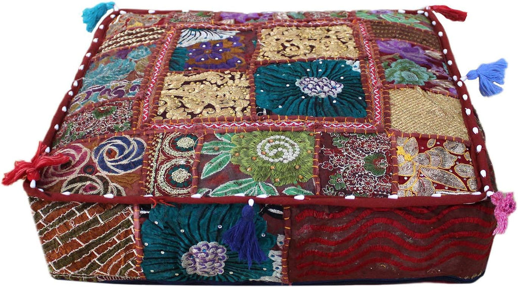 CRAFT KALA Indian Square Patchwork Traditional Pouf Cover Indian Living Room Poufs Decorative Embroidered Designer Ottoman Home Living Footstool Chair Cover Decor Pillow Cover 18x18x5 inches, Dark Red