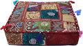 CRAFT KALA Indian Square Patchwork Traditional Pouf Cover Indian Living Room Poufs Decorative Embroidered Designer Ottoman Home Living Footstool Chair Cover Decor Pillow Cover 18x18x5 inches, Dark Red