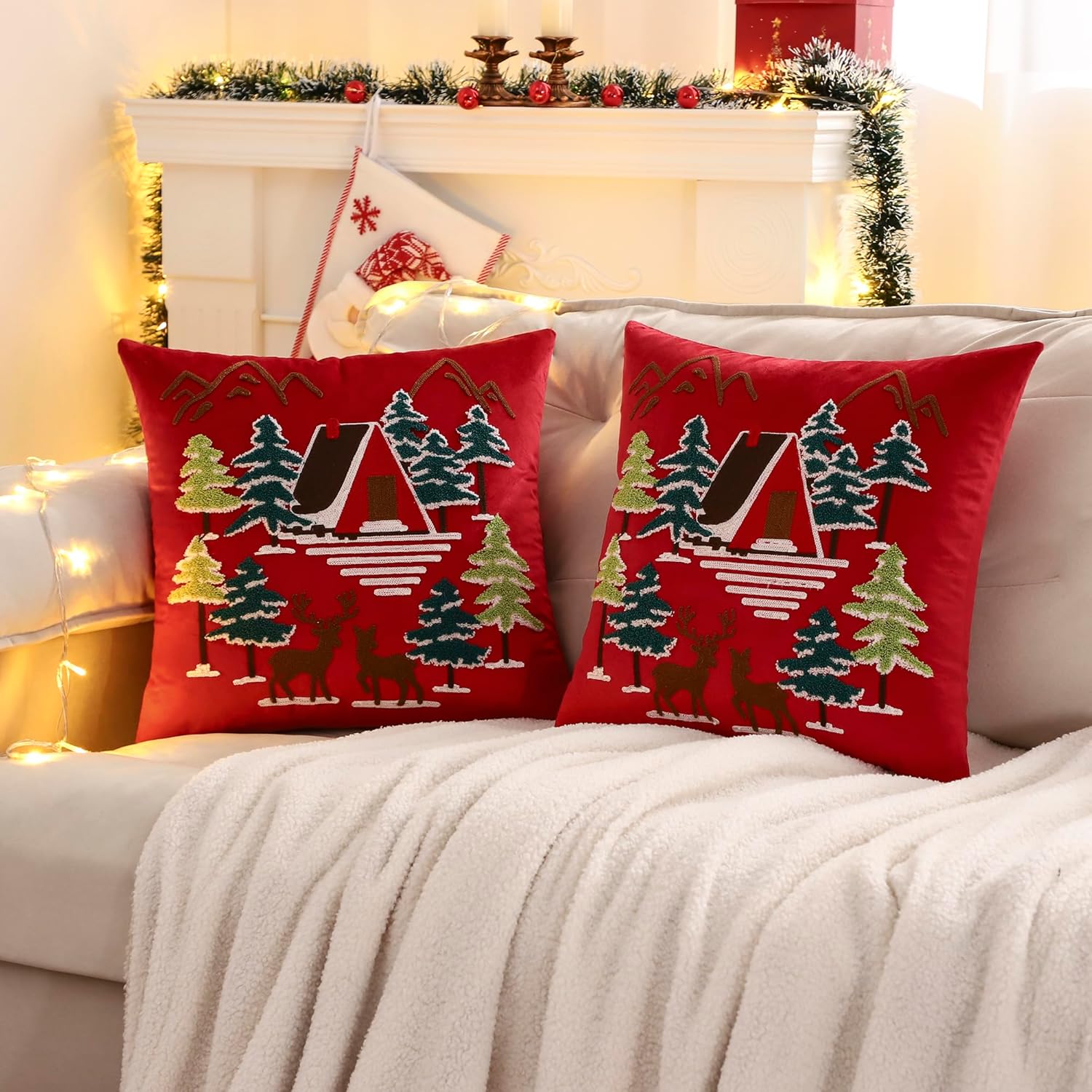 LUOYEHK Red Christmas Pillow Covers 18x18 Set of 2 House and Deer Decorative Pillow Cases Winter Holiday Velvet Embroidered Cushion Covers for Couch Sofa Bed