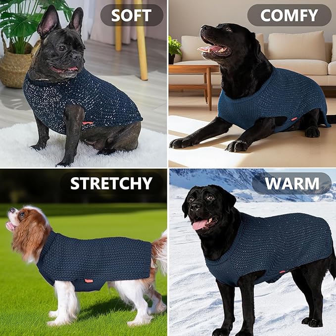 KYEESE Dog Sweater with Leash Hole for Small Dogs Male Warm Pullover with Reflective Thread Soft Knitwear Boy Dog Clothes Cozy Lightweight Thick Sweater Pet Indoor Outdoor Wear,Navy Blue,X-Small