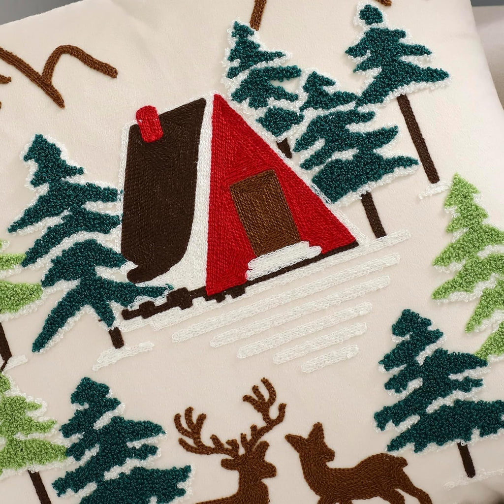 LUOYEHK Christmas Pillow Covers 18x18 Set of 2 House and Deer Decorative Beige Pillow Cases Winter Holiday Velvet Embroidered Cushion Covers for Couch Sofa Bed