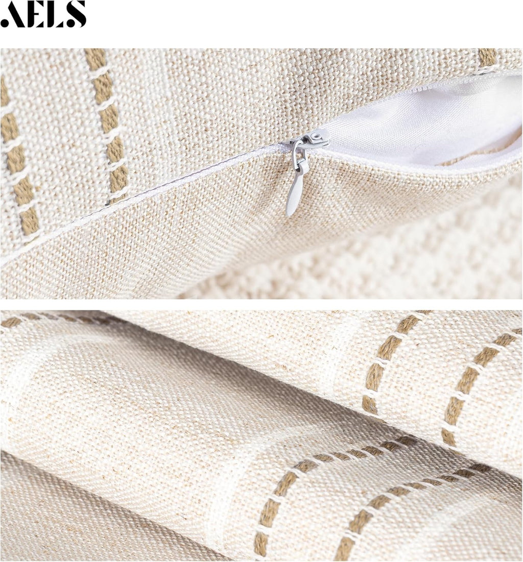 AELS 18x18 Decorative Farmhouse Linen Throw Pillow Covers, Boho Textured Pillow Case, Set of 2, Beige with White & Brown Stripe Patchwork Cushion Cover for Sofa Couch Living Room (Cover ONLY)