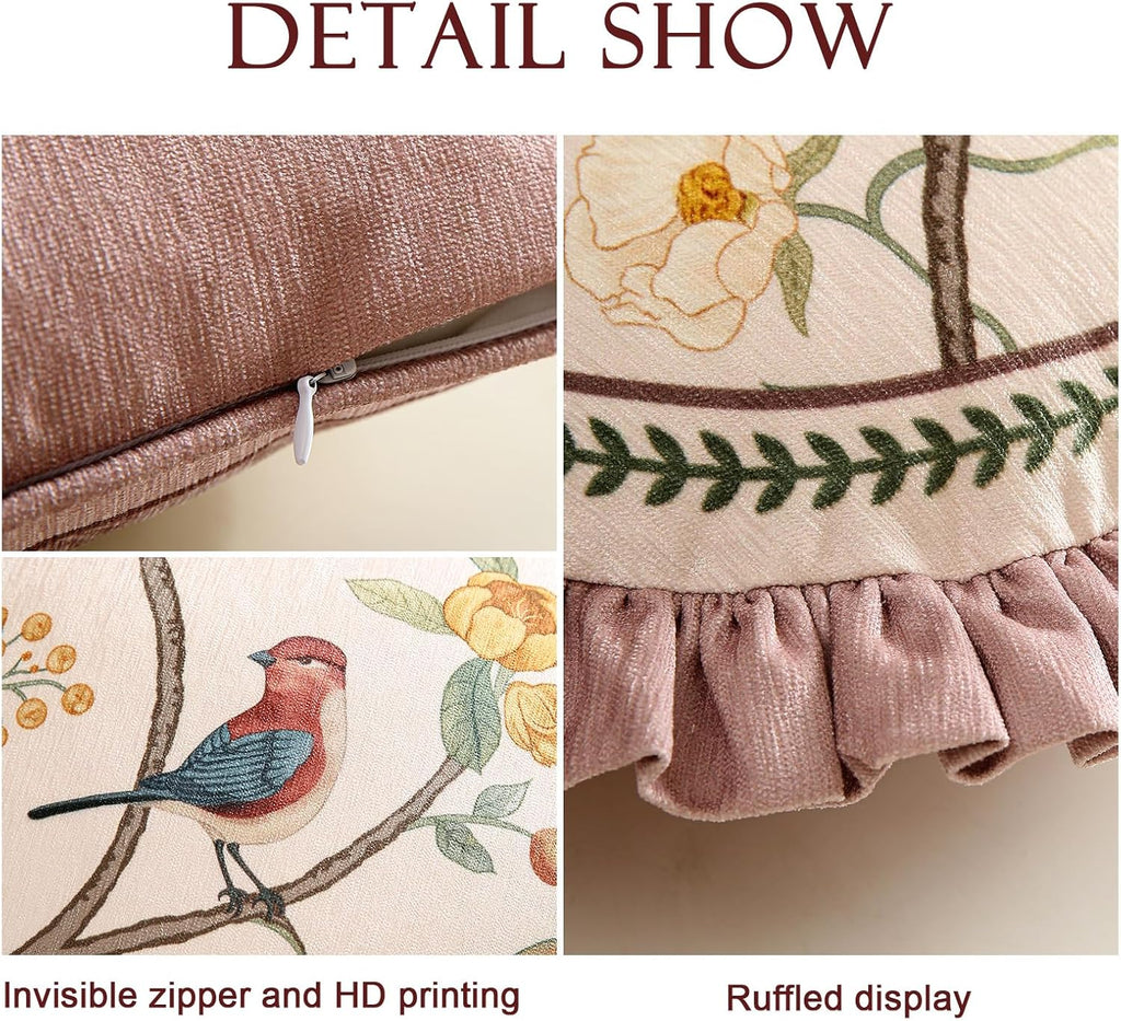 Pink Rectangle Farmhouse Throw Pillow Covers,Birds and Flowers Pattern Cozy Velvet Pillowcases,Decoration Lumbar Pillows Cushion Covers for Couch Sofa Bed Car Chair,12"x20"