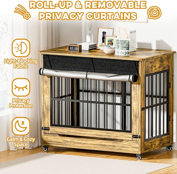 46" Large Dog Crate Furniture, Double Door Wooden Indoor Dog Kennel Furniture, Decorative Pet Cage End Table with Wheels for Extra Large Breed Dogs, Size 2XL, Rustic Brown