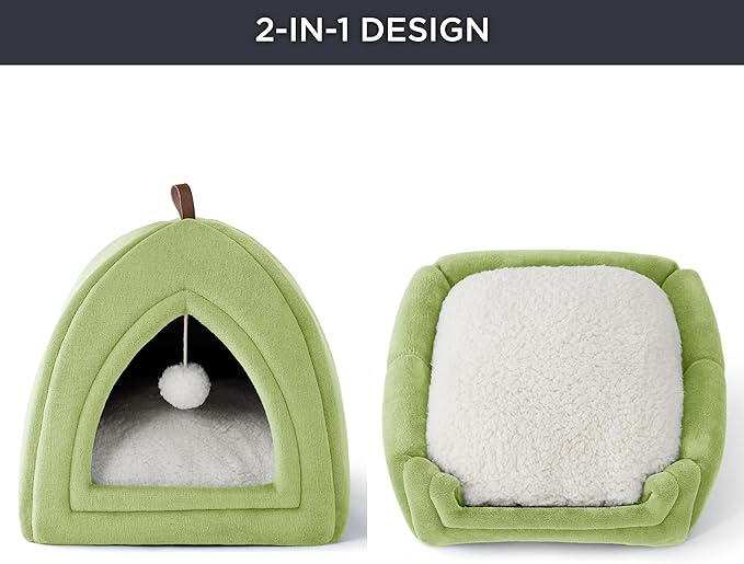 Bedsure Cat Beds for Indoor - 2 in 1 Cat Cave House Tent for Kittens and Small Pets with Removable Washable Cushioned Pillow, Foldable Kitten Hideaway with Non-Slip Bottom, Green, 17.3 inches