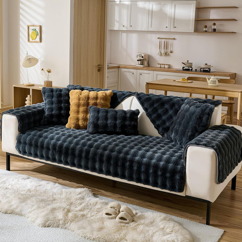 Faux Fur Couch Cover Fuzzy Soft Plush Thick Bubble Sofa Cover Luxury Sectional Couch Covers Luxury Anti-Slip Sofa Slipcover Washable Furniture Protector (Dark Grey,28"x47")