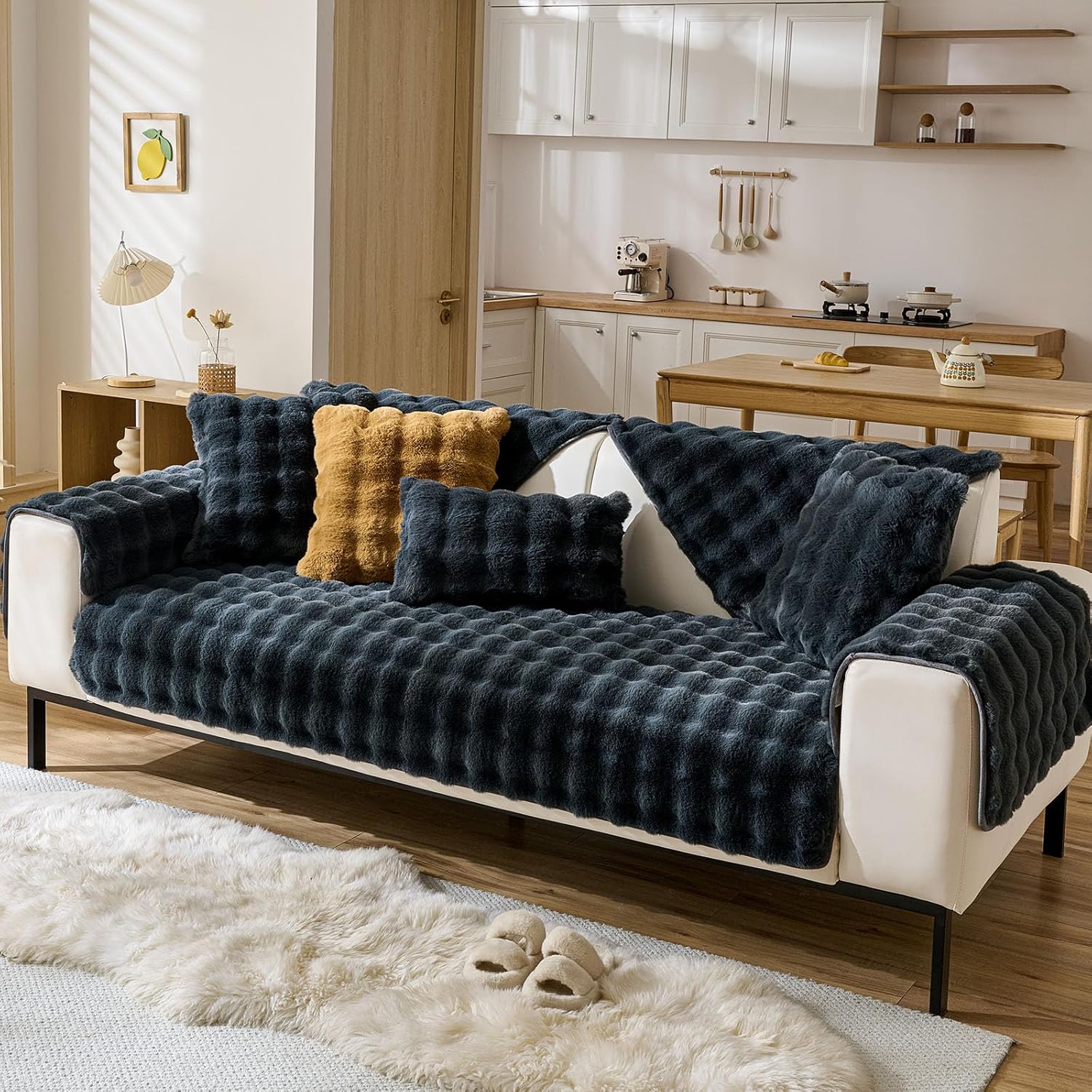 Faux Fur Couch Cover Fuzzy Soft Plush Thick Bubble Sofa Cover Luxury Sectional Couch Covers Luxury Anti-Slip Sofa Slipcover Washable Furniture Protector (Dark Grey,36"x94")