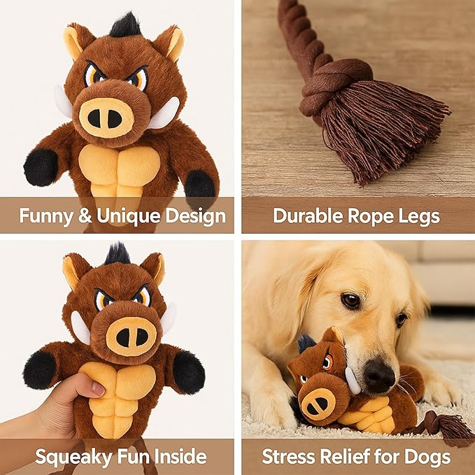 Extremely Durable Boar Chew Toy for Aggressive Chewers - Squeaky Rubber Chest & Rope Tug Legs for Large Breed Dogs