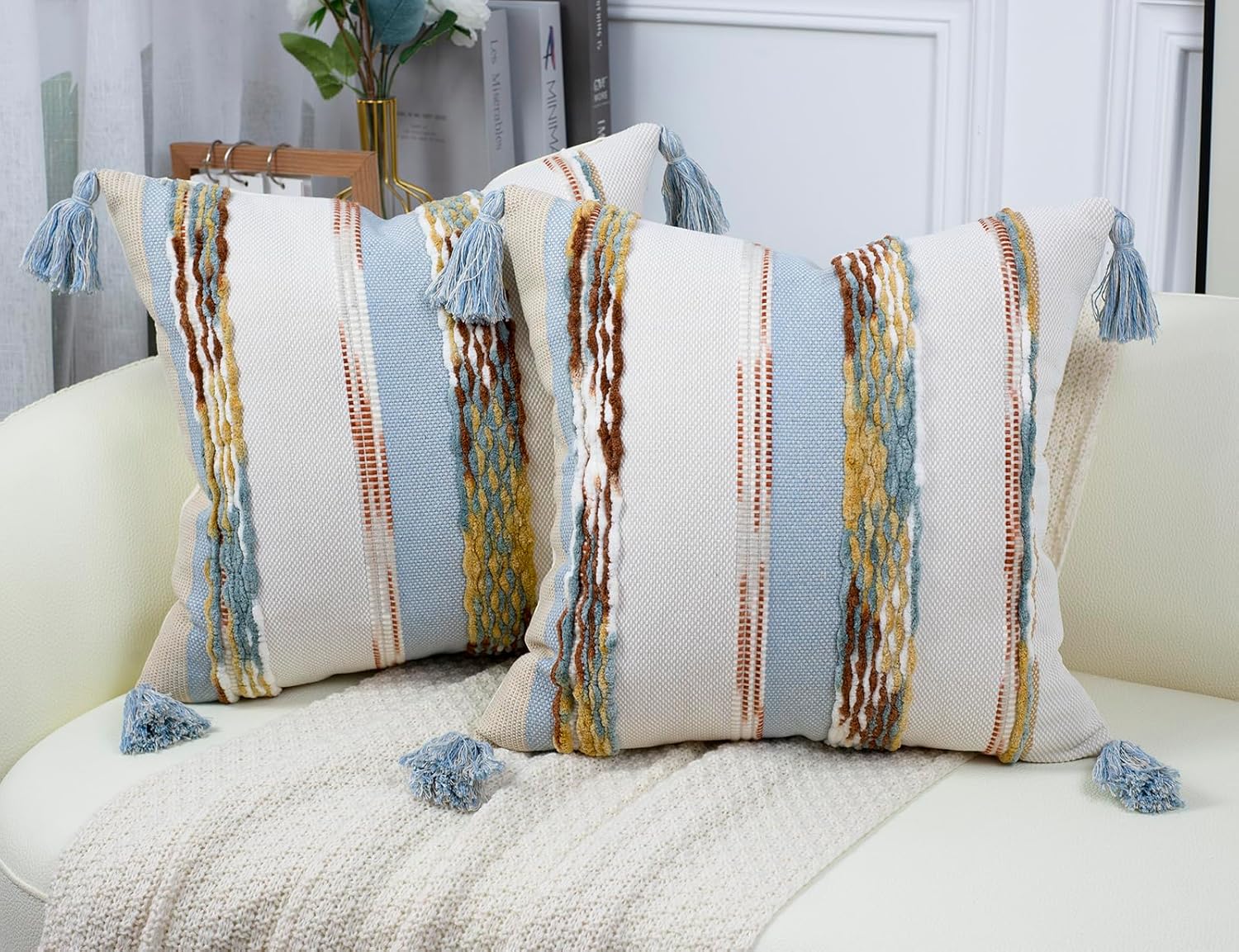 PANOD Chenille Farmhouse Throw Pillow Covers 18 x 18 Light Blue, Neutral Boucle Couch Pillow Cover, Striped Decorative Boho Coushion Cover Pillow Case for Couch Bed Sofa Bedroom,Modern Accent,Set of 2