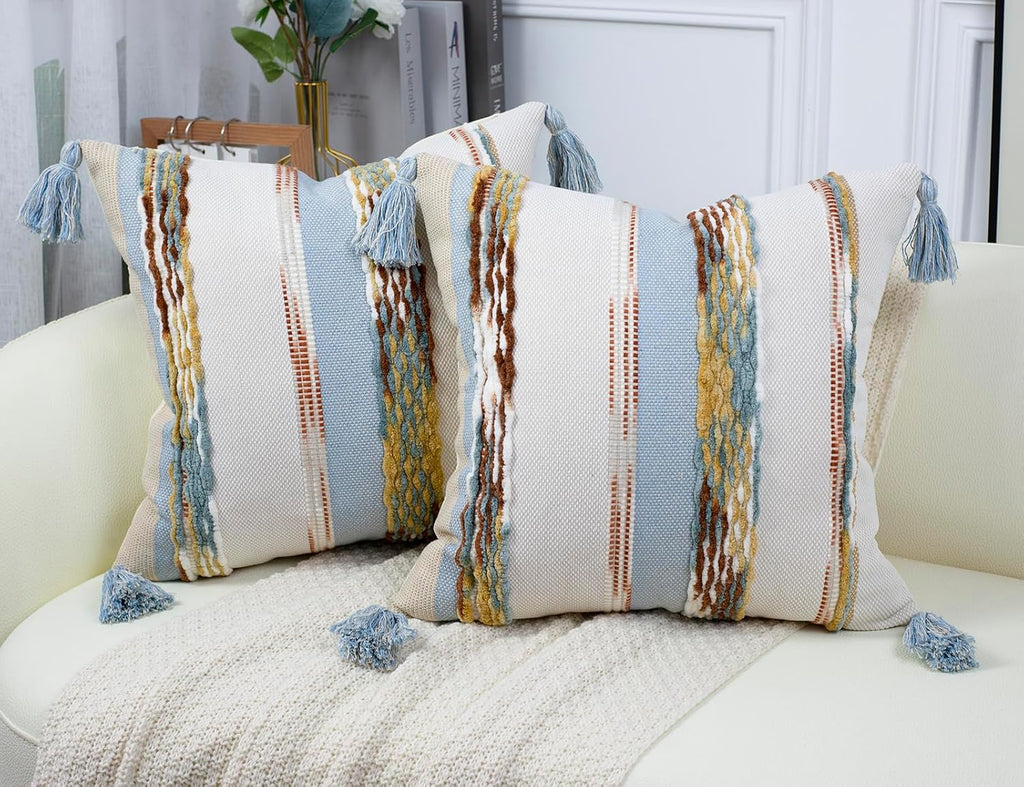PANOD Chenille Farmhouse Throw Pillow Covers 16 x 16 Light Blue, Neutral Boucle Couch Pillow Cover, Striped Decorative Boho Coushion Cover Pillow Case for Couch Bed Sofa Bedroom,Modern Accent,Set of 2