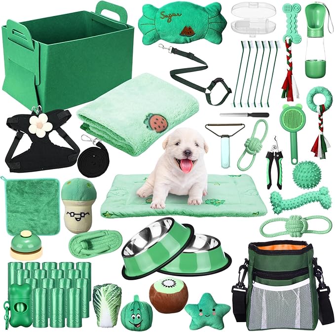Abbylike 50 Pcs Puppy Supplies Starter Kit for Small Dogs Puppy Essentials Includes Leash, Bowls, Teeth Brushes, Water Bottle, and More Accessories for Dogs Christmas Welcome Gift(Green)