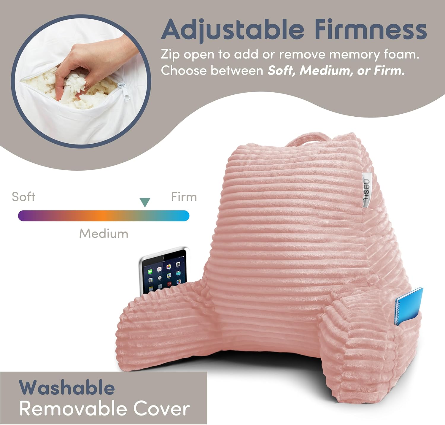 Nestl Reading Pillow with Shredded Memory Foam, Luxe Cut Plush Back Pillow for Sitting Up in Bed, Back and Arms Adjustable Support for Adult & Teens, Backrest Pillows with Washable Cover Peach Beige