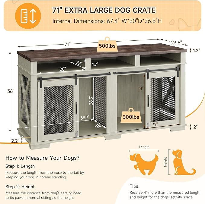 71" Dog Crate Furniture for 2 Dogs, Dog Kennel with 3 Storage Drawers & Removable Divider, Extra Large Double Dog Cage As TV Stand, Furniture Style Dog Crates with Sliding Barn Door