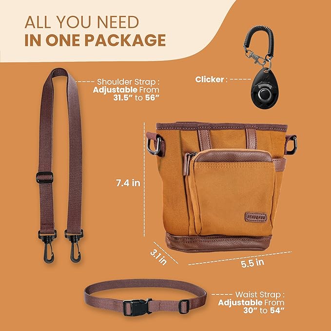 BEAU&FUR Large Dog Treat Pouch with Clicker for Training – 4 Cup Capacity, Built-In Poop Bag Dispenser, Expandable Pocket, Metal Buckle, Large Back Pocket, Ideal for Walks and Training – Light Brown