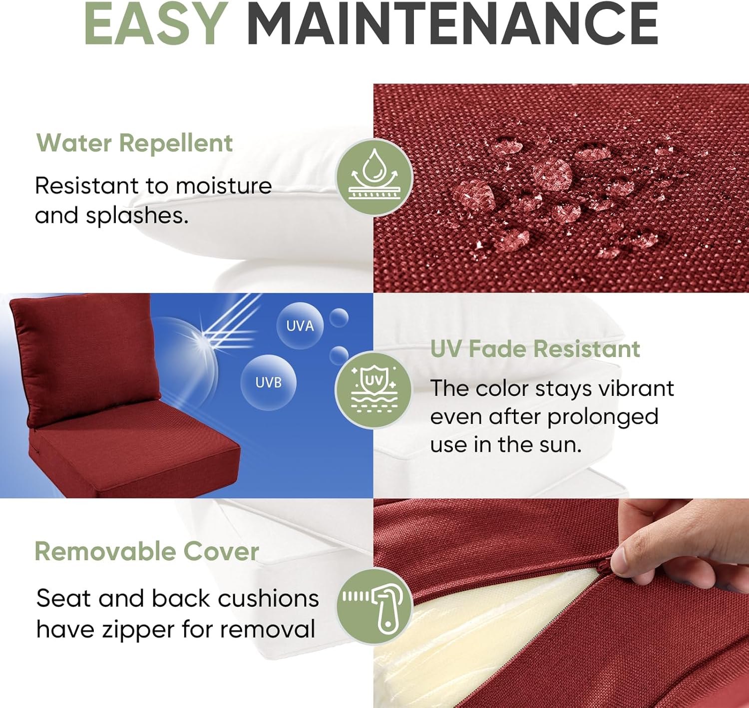 Outdoor Chair Cushion Set, 24x24 Waterproof Patio Chair Cushions, 6" Thickened Seat Cushion for Outdoor Chairs and Couch, Include 1 Back & 1 Seat Cushion, Thick/Red