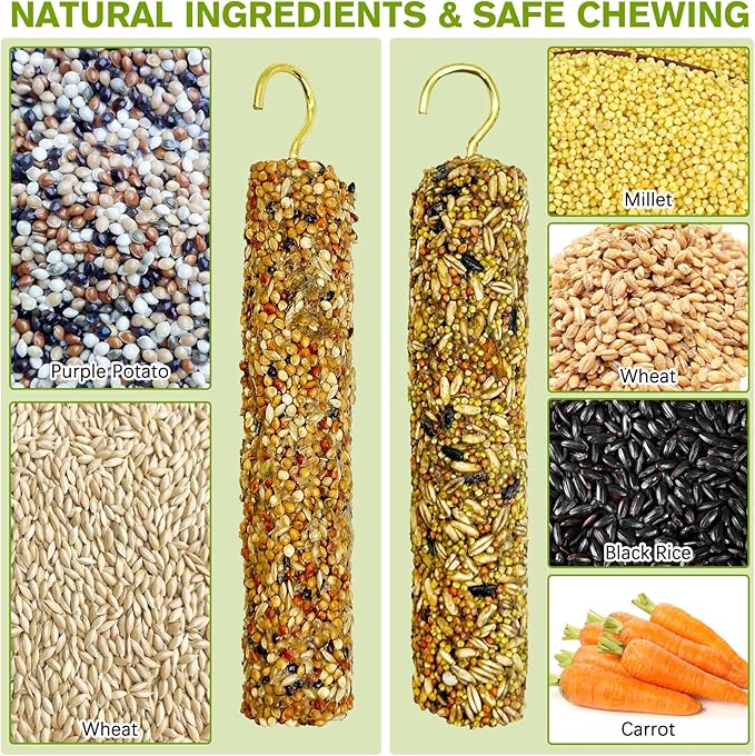 Fhiny Parakeet Treats, 4 PCS Natural Bird Crunch Sticks Grains Mixed Budgie Snacks Cockatiel Food Sticks Long-Lasting Chewing Toys for Parakeet Cockatiel Budgie Conure Parrot Lovebird Finch