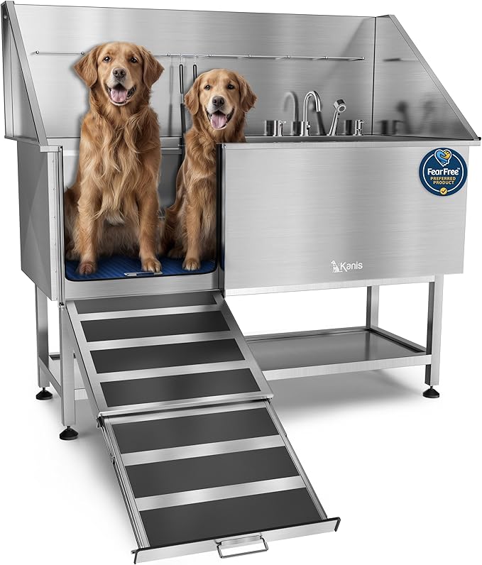 KANIS Professional Dog Washing Station - 304 Stainless Steel Pet Wash Sink & Grooming Bathtub w/Shower, Floor Grates and Storage for Large, Medium & Small Pets (61", Shelf - Left Ramp)