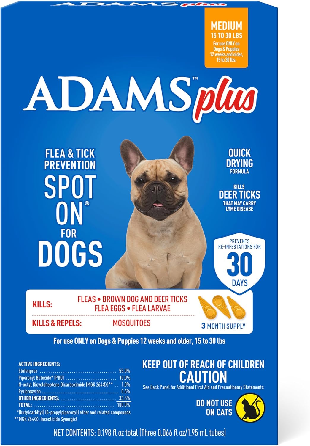 Adams Plus Flea & Tick Prevention Spot On for Dogs 15-30 Pounds, 12 Weeks & Older, 3-Month Supply, Kills Fleas, Flea Eggs, Flea Larvae & Brown Dog & Deer Ticks, Kills & Repels Mosquitoes For 30 Days