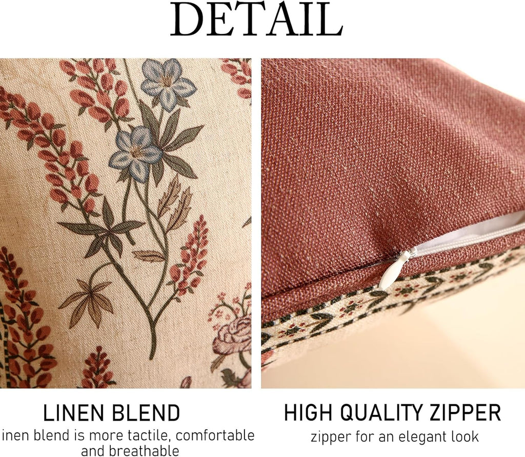 ISAENNE Design Linen Vintage Throw Pillow Covers 18"x18", Square Cushion Covers with Blue Pink Flowers Green Leaves Pattern Decoration Pillowcases for Bed,Living Room,Outdoor,Car