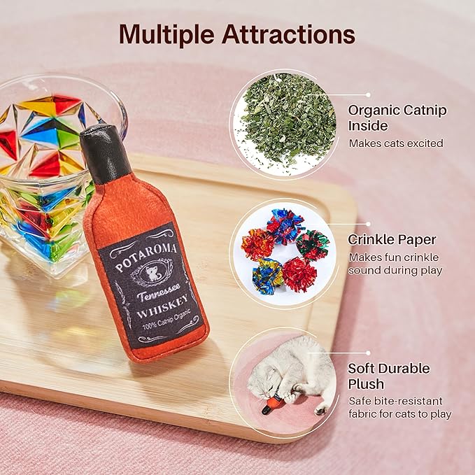 Potaroma Liquor-Simulation Cat Toys 2Pcs Catnip Crinkly Sound, Durable Kitten Bite Kicker Toys, Indoor Feline Exercise 4.5 Inches for All Breeds