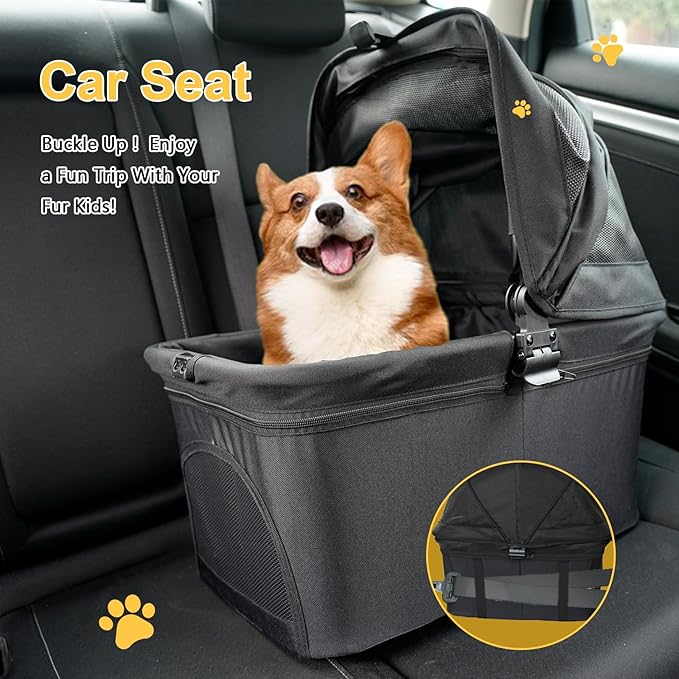 3 in 1 Dog Stroller, Lightweight Foldable Pet Stroller for Small/Medium Dogs Cats Up to 33lbs with Detachable Carrier, Storage Basket and Cup Holder - Black