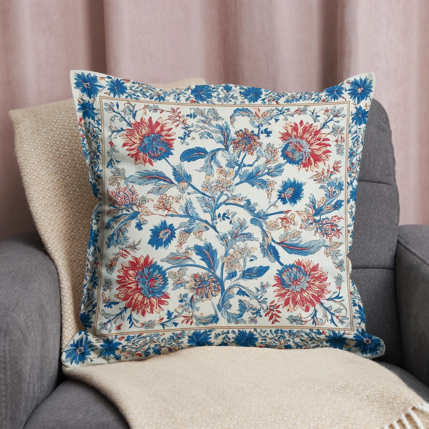 Bohemian Pillow Covers | Vintage Floral & Carpet Design | Double Sided Blue White Decorative Pillowcases for Couch, Bed | Indoor Outdoor Boho Home Decor (Blue&Red, 18x18inches)