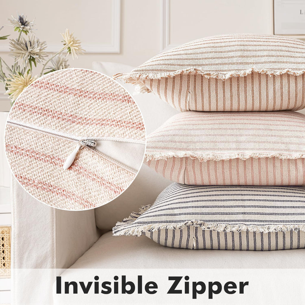 MIULEE Pack of 2 Pink Pillow Covers 20x20 Inch Striped Farmhouse Couch Spring Throw Pillow Covers with Fringe Chic Cotton Decorative Cushion Covers for Sofa Living Room Bed Outdoor Home Decor