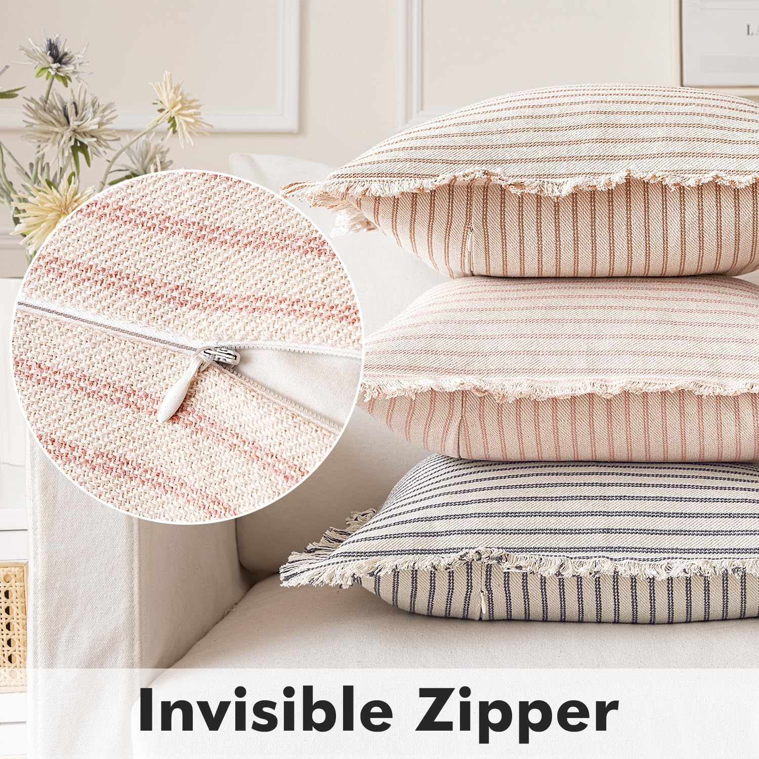 MIULEE Pack of 2 Pink Pillow Covers 20x20 Inch Striped Farmhouse Couch Spring Throw Pillow Covers with Fringe Chic Cotton Decorative Cushion Covers for Sofa Living Room Bed Outdoor Home Decor