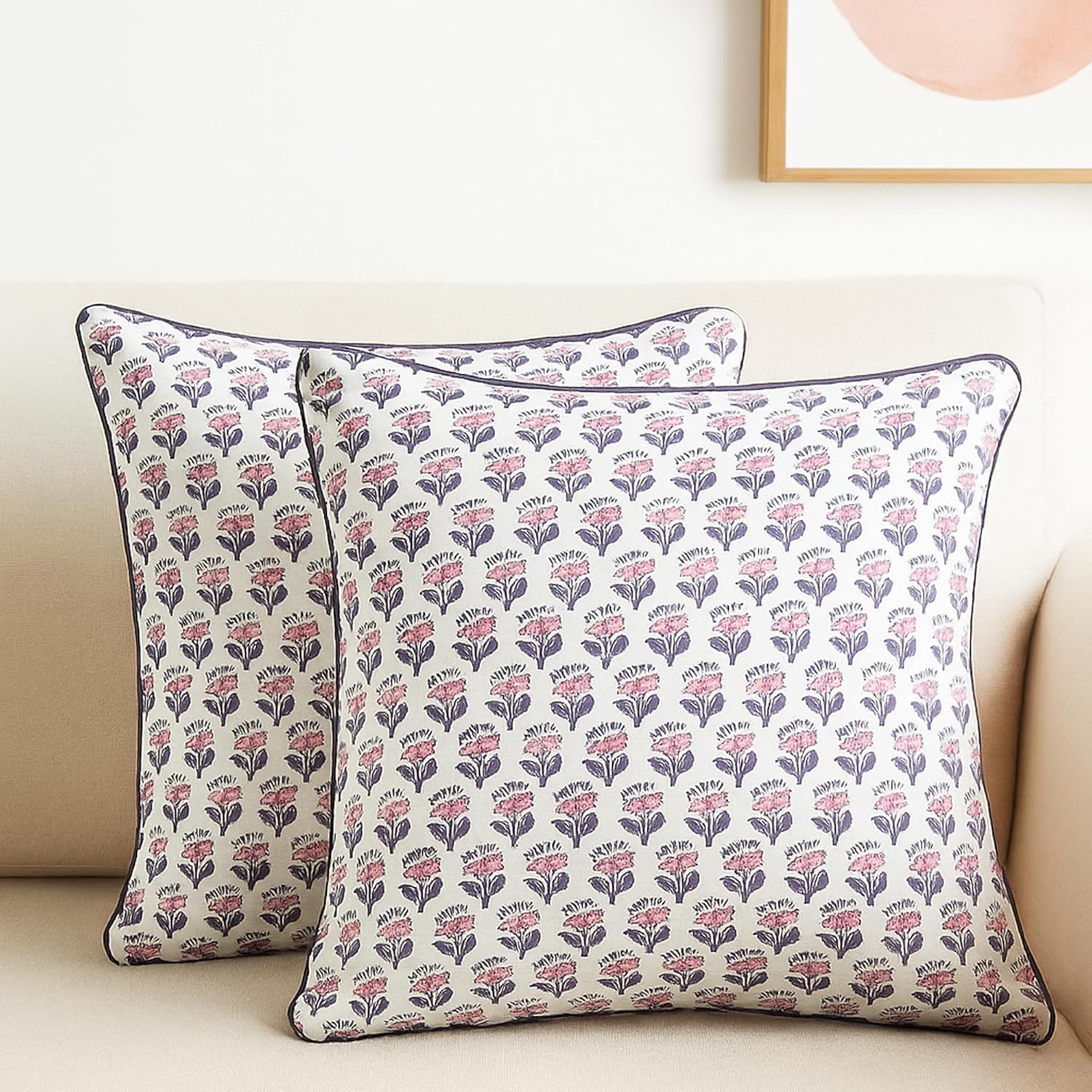 SheetKart Pure Cotton Throw Pillow Covers - Set of 2 - Hand Block Pure Cotton Printed Boho Decorative Pillow Covers - Cushion Covers for Living Room, Bohemian Theme, 18 x 18 Inches, Lavender Whisper