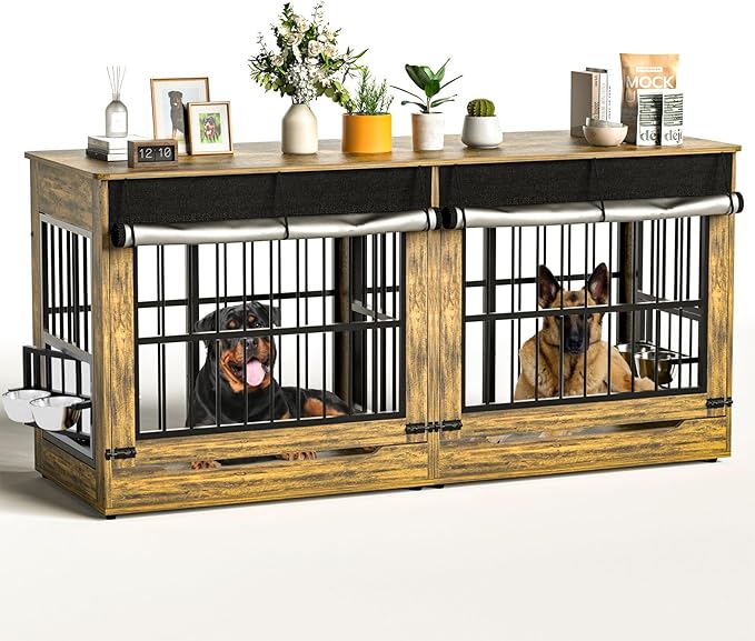 78" Double Dog Crate Furniture with Divider, Thick Wooden Indoor Dog Kennel Furniture with Swivel Bowls for 2 Dogs, Decorative Pet Cage End Table with Wheels for Extra Large Breed, Rustic Brown