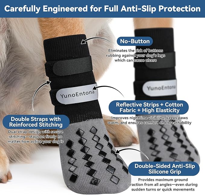 Non Slip Dog Socks to Prevent Licking Paws - for Hardwood Floors Anti Slip - Grippy Socks for Senior Dog - Double Elastic Reflective Straps Prevent Scratching for Hot Pavement. (Grey, XL)