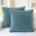CaliTime Throw Pillow Covers Decorative 22 X 22 Inches Pack of 2 Cozy Solid Dyed Soft Chenille Cushion Cases with Pom Poms for Couch Sofa Bed Living Room Home Smoke Blue