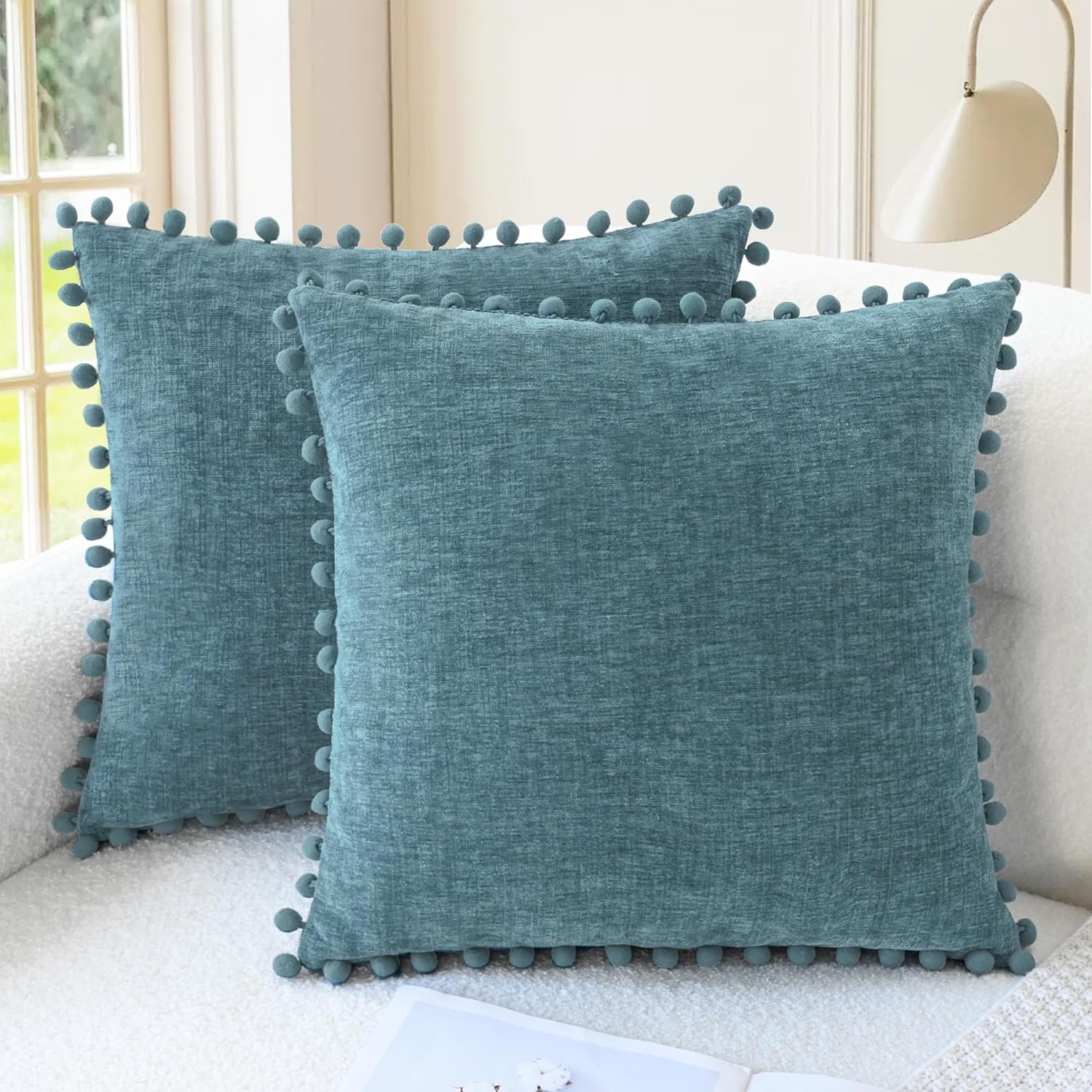 CaliTime Throw Pillow Covers Decorative 22 X 22 Inches Pack of 2 Cozy Solid Dyed Soft Chenille Cushion Cases with Pom Poms for Couch Sofa Bed Living Room Home Smoke Blue