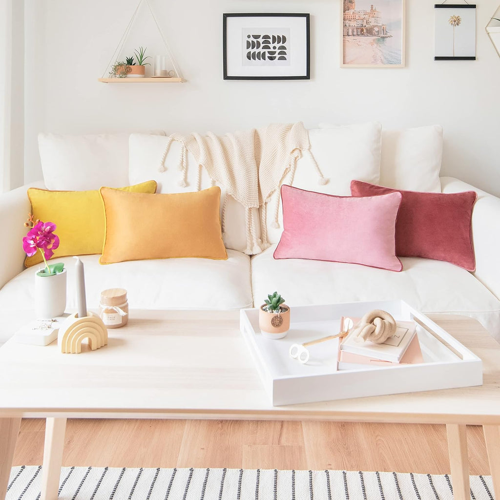 MONDAY MOOSE Decorative Throw Pillow Covers Cushion Cases, Set of 4 Soft Velvet Modern Double-Sided Designs, Mix and Match for Home Decor, Pillow Inserts Not Included (12x20 inch, Yellow/Pink)