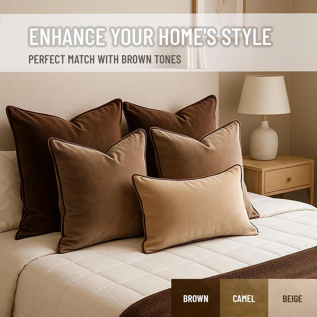 2 Pack Velvet Decorative Throw Pillow Covers, 12"x20", Beige and Brown, Solid, Modern, Contrast Piping, Indoor Use, Bedroom & Living Room