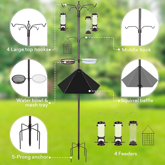 6-Hook Bird Feeding Station Kit, 94 Inch Heavy Duty Bird Feeder Stand Pole for Outdoors Hanging with 4 Feeders, Wide Metal Squirrel Baffle, Attracting Wild Birds