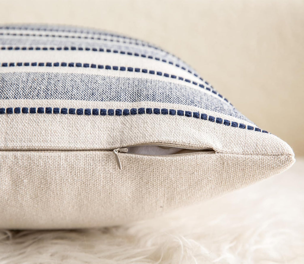 Decorative Boho Throw Pillow Covers, Farmhouse Textured Pillow Case, 18 x 18 Inch Set of 2, Chair Sofa Bedroom Living Room Decor Couch Cushion Case, Navy Blue and Beige Striped