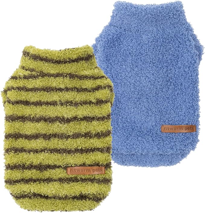 Fitwarm 2 Pack Striped Fleece Dog Sweater, Warm Winter Clothes for Small Dogs Boy Girl, Fuzzy Pet Outfit, Sky Blue, Olive Green, XS