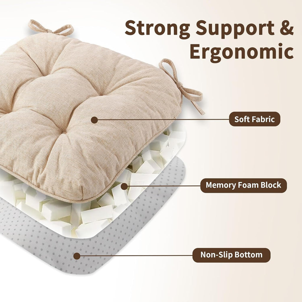 Chair Cushions for Dining Chairs, Tufted Foam Kitchen Chair, Non-Slip Seat Cushions with Ties Set of 4, 15.5" x 15.5" x 4", Beige