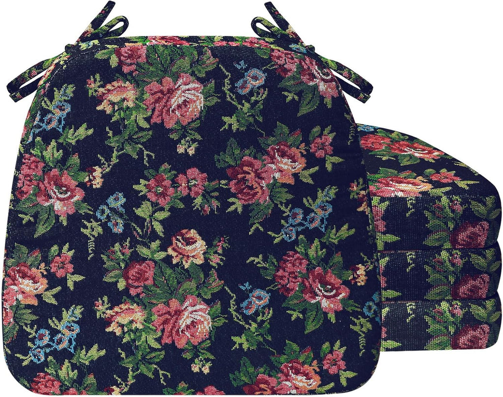 AAAAAcessories D-Shaped Chair Cushions, 2" Thick Dining Chair Pads with Ties and Removable, Machine-Washable Cover, 17" x 16", Set of 4, Night-Blooming Blossoms