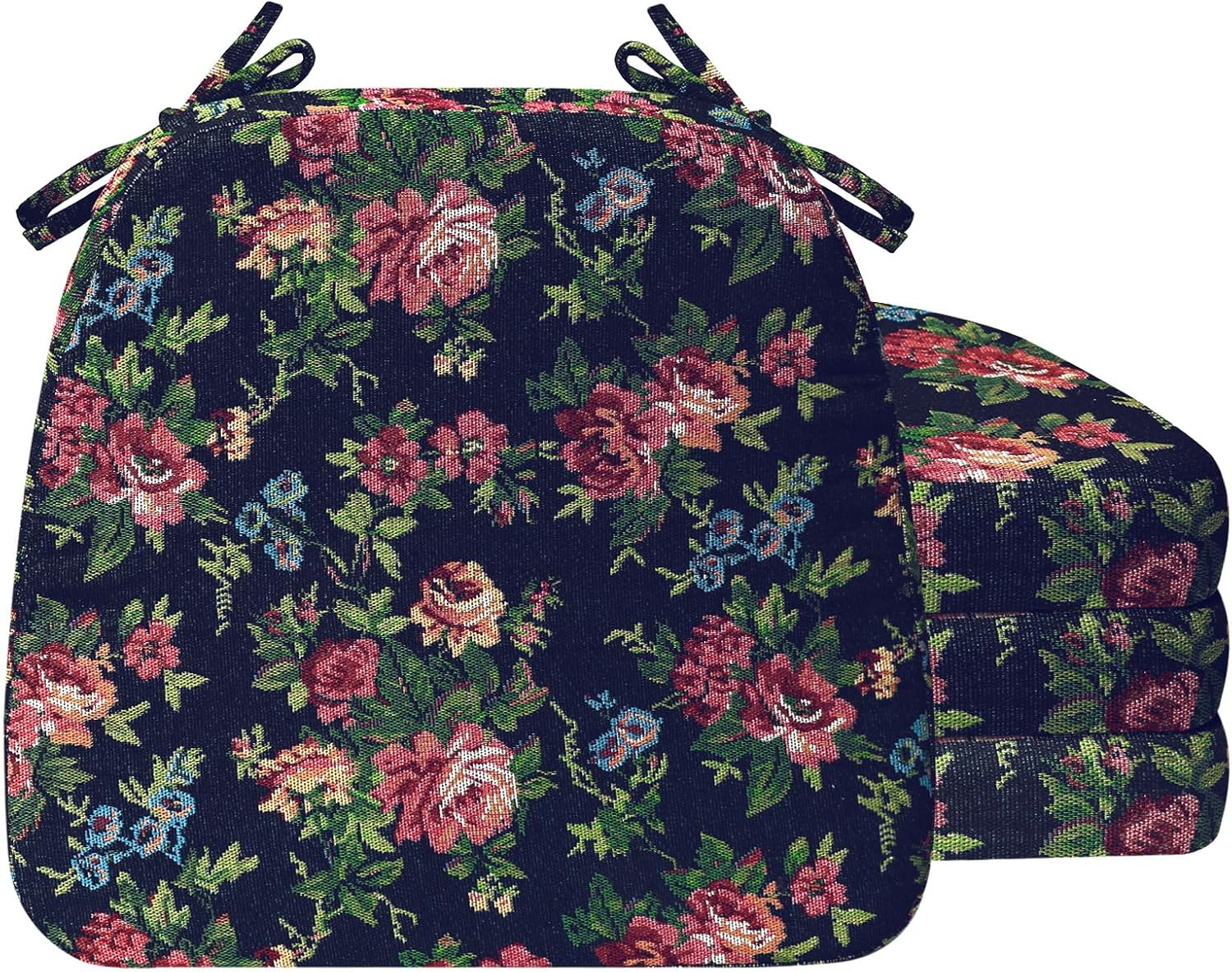 AAAAAcessories D-Shaped Chair Cushions, 2" Thick Dining Chair Pads with Ties and Removable, Machine-Washable Cover, 17" x 16", Set of 4, Night-Blooming Blossoms