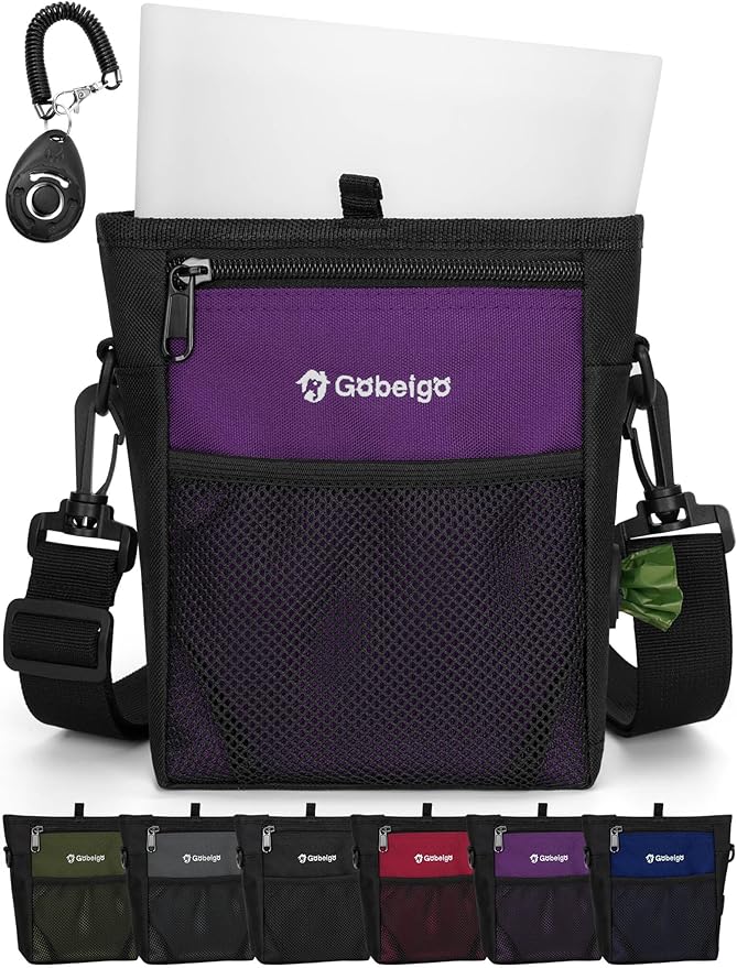 Gobeigo Dog Treat Pouch with Silicone Snack Bag, Front Pocket fits All Phones, 4 Cup Treat Bag with Training Clicker, Upgrade Stronger Magnetic Closure, 3 Ways to Wear Walking Fanny Pack (Purple)