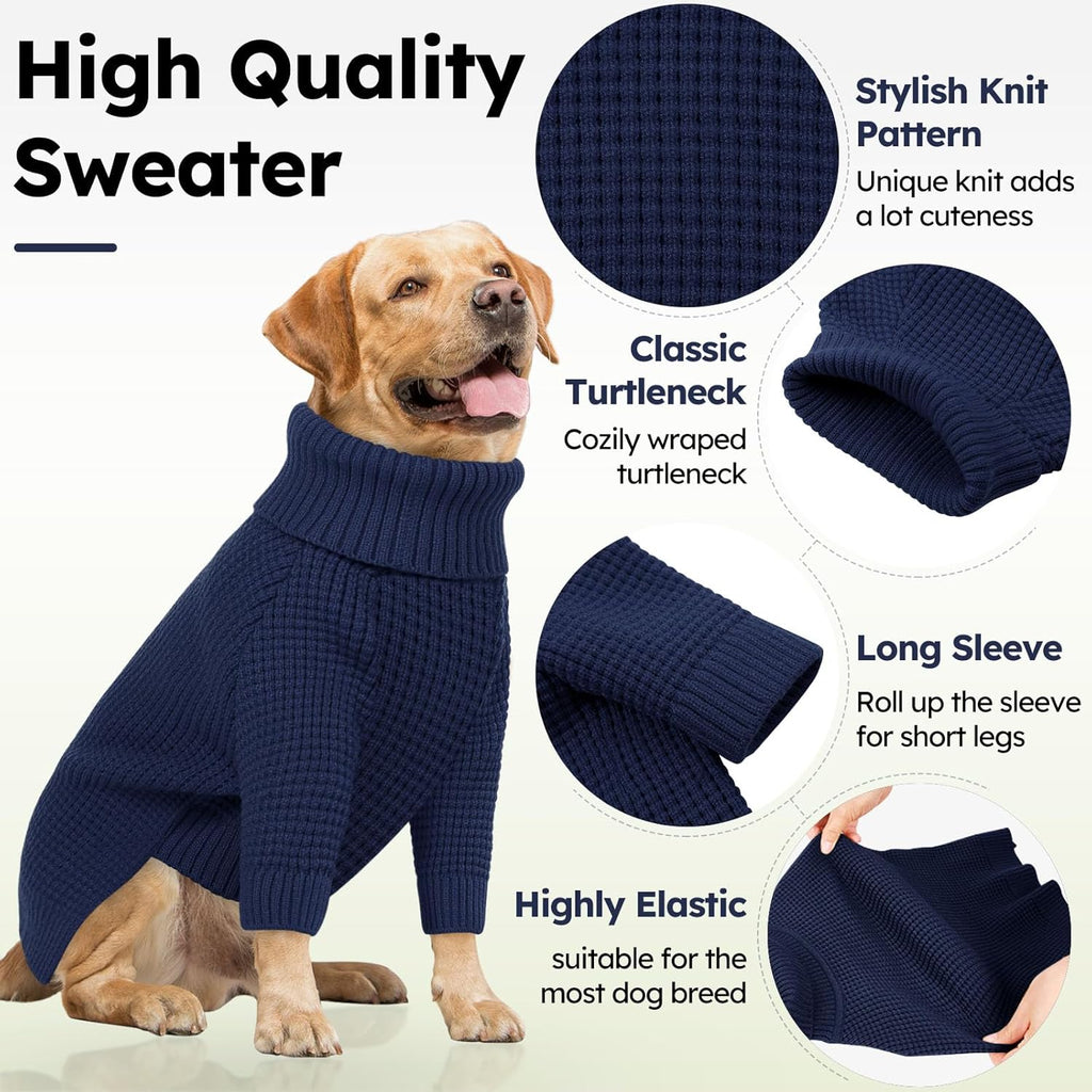 Queenmore Dog Sweaters for Small Dogs Male, Turtleneck Fall Puppy Sweater, Waffle Knit Sweater for Dogs, Cat Sweater Puppy Sweaters, Doggie Christmas Sweater, Navy Blue XS